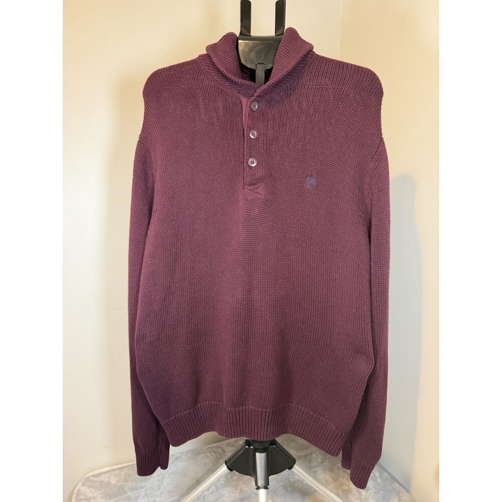 Chaps Men’s M Burgundy Cotton Solid Knit Shawl Collar Button Pullover Sweater